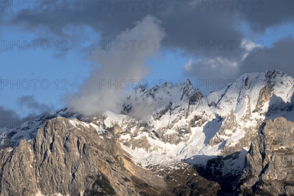 Atmospheric detailed view of the Sorapis mountain group in the evening light, Punta Sorapiss,