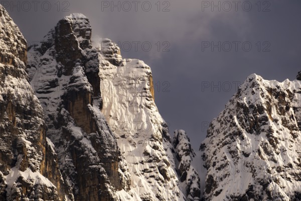 Atmospheric detailed view of the Sorapis mountain group in the evening light, Punta Sorapiss,