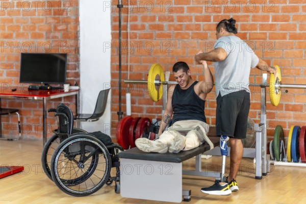 Two physically challenged men exercising together, one using a wheelchair for support on a bench