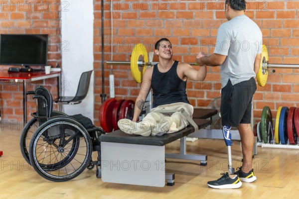 Two men with disabilities celebrate progress in a modern gym, fist bumping after a workout one