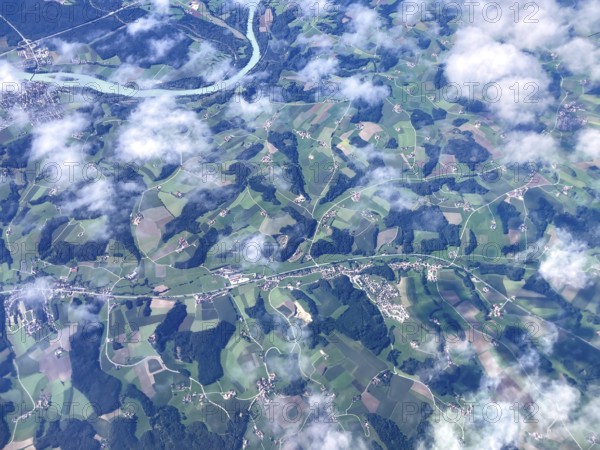 Aerial view of the Inn with Marktl am Inn and in front the villages Gumpersdorf and Zeilarn,