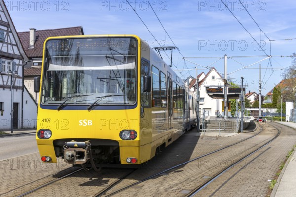 Stuttgart light rail vehicle type DT 8 public transport on line U15 at the Stammheim stop in