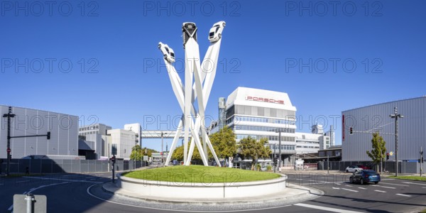 Porsche headquarters at Porscheplatz in Stuttgart-Zuffenhausen with Panorama artwork in Stuttgart,