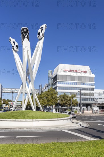 Porsche headquarters at Porscheplatz in Stuttgart-Zuffenhausen with artwork in Stuttgart, Germany
