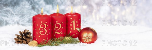Third 3rd Advent Candle for Christmas Panorama Christmas Card in Winter with copy space Copyspace
