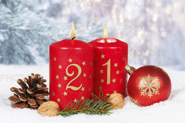 Second 2nd Advent candle for Christmas Christmas card in winter with copy space Copyspace in