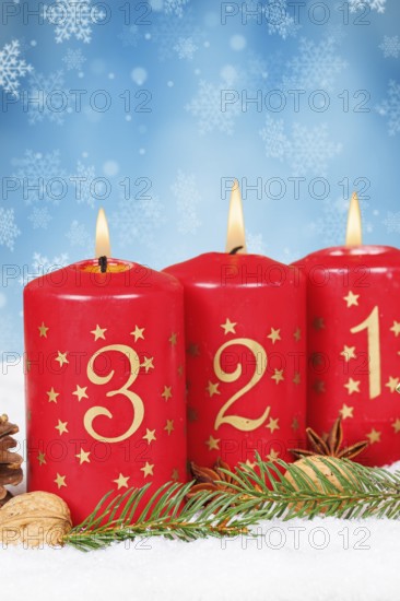 Third 3rd Advent with candle Christmas Christmas card for Christmas time snow background with text