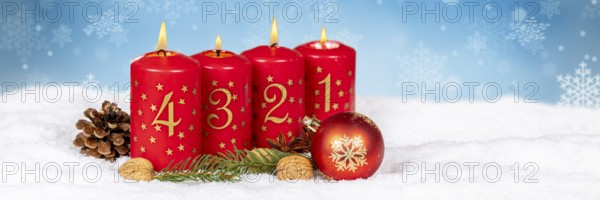 Fourth 4th Advent with candle Christmas Christmas card for Christmas time panorama snow background