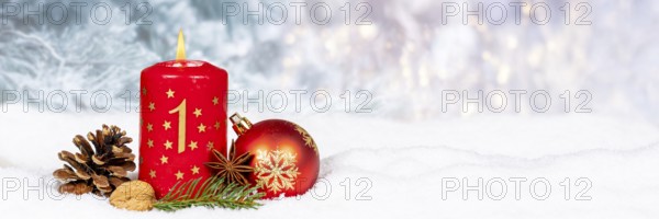 First 1st Advent Candle for Christmas Panorama Christmas Card in Winter with copy space Copyspace