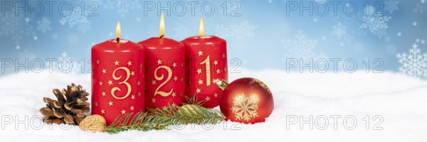 Third 3rd Advent with candle Christmas Christmas card for Christmas time snow background panorama