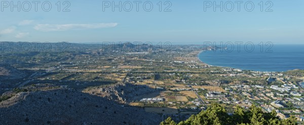 Expansive coastal landscape of Kolymbia and Faliraki, with mountain ranges and coastline under a