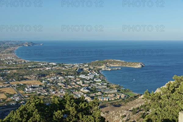 Coastal landscape of Kolymbia and Faliraki, with a view of the sea and town in the foreground under