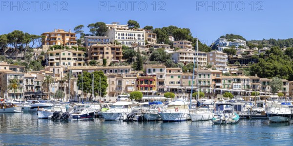 Port de Soller town on Majorca panoramic holiday by the sea yacht harbour with boats trip in Port