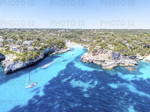 Aerial view of Cala Llombards beach on the island of Majorca from above in the Mediterranean Sea