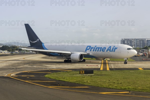 A Boeing 767-300ER BDSF aircraft of Amazon Prime Air with registration N409AZ at San Juan Airport,