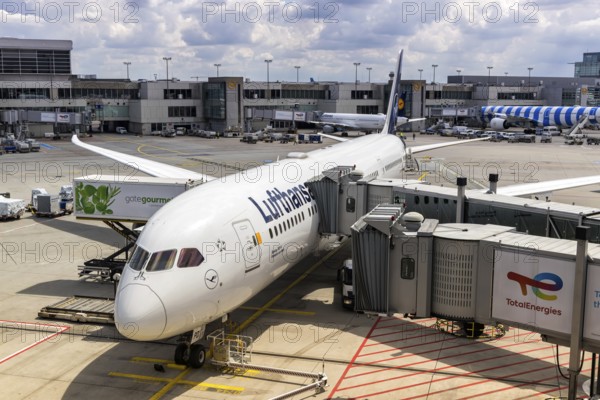 A Lufthansa Boeing 787-9 Dreamliner aircraft with the registration D-ABPD at Munich Airport,