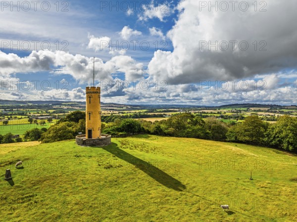Binns Tower over Scotish farms and Forth Estuary from drone, House of the Binns, Linlithgow,