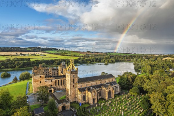 Rainbow over Linlithgow Palace from a drone, Linlithgow Loch, West Lothian, Scotland, United