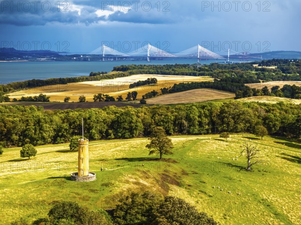 Binns Tower over Scotish farms and Forth Estuary from drone, House of the Binns, Linlithgow,