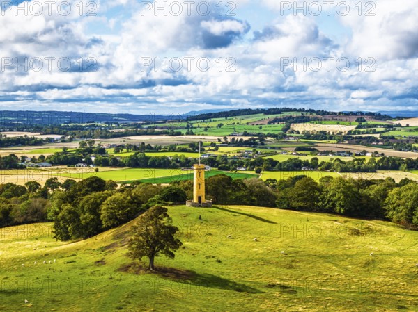 Binns Tower over Scotish farms and Forth Estuary from drone, House of the Binns, Linlithgow,