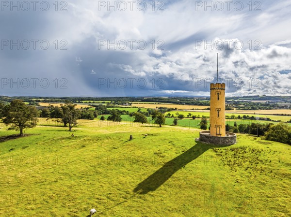 Binns Tower over Scotish farms and Forth Estuary from drone, House of the Binns, Linlithgow,