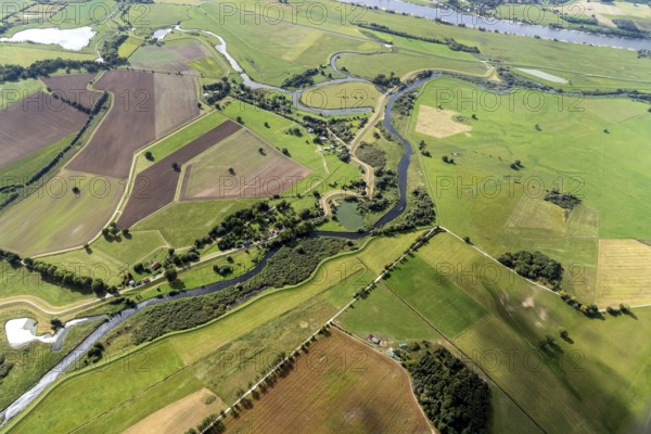 Aerial view, elbe, mecklenburg-vorpommern, lower saxony, river, dike construction, sude, small