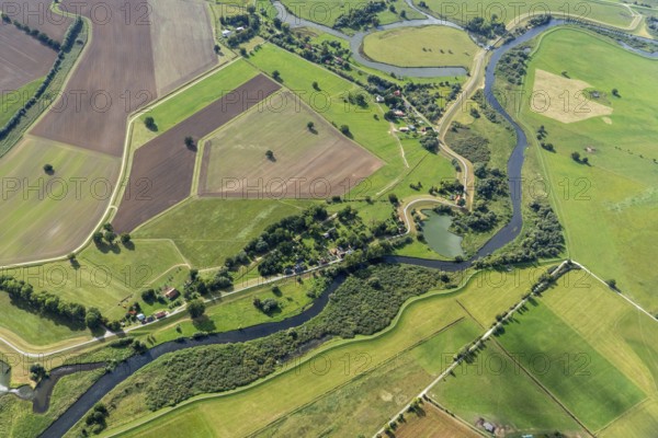 Aerial view, elbe, mecklenburg-vorpommern, lower saxony, river, dike construction, sude, small