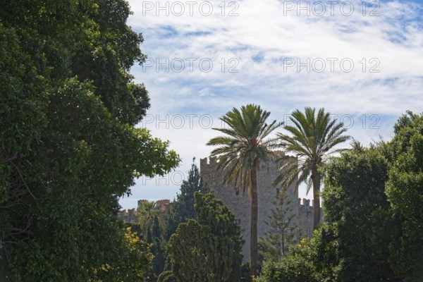 Medieval Grand Master's Palace with palm trees and lush vegetation under a slightly cloudy sky,