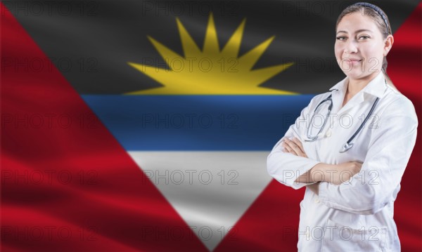 Female doctor on Antigua and Barbuda flag. Doctor with crossed arms on Antigua and Barbuda flag.
