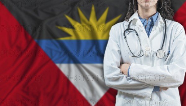 Medical professional on Antigua and Barbuda flag. Healthcare and wellness in Antigua and Barbuda,