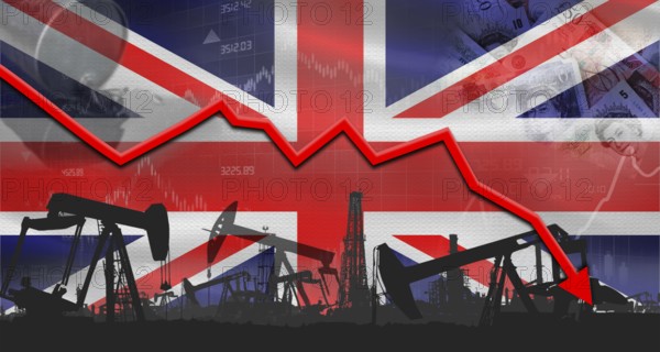 Fall oil price with flag of United Kingdom on economic chart, Petrol crisis with United Kingdom
