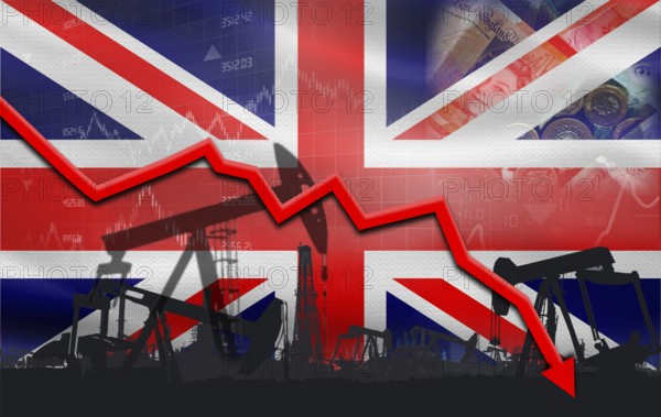 Petroleum crisis with United Kingdom flag on financial graph. Fall oil price with flag of United