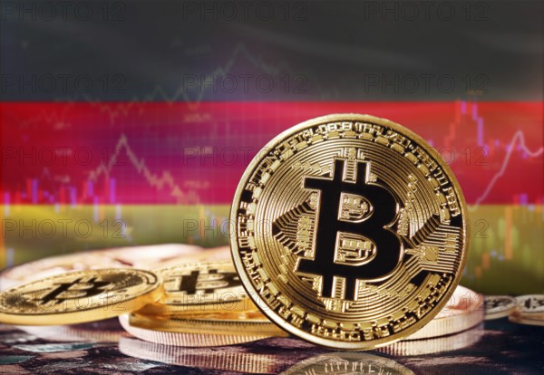 Bitcoin with Germany flag in the background. Investors in cryptocurrency and Blockchain Technology