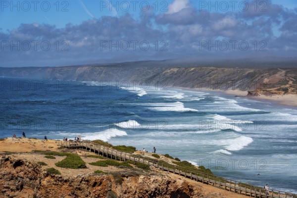 Viewpoint above the beach Praia da Bordeira, near Carrapateira, wooden walkway, rocky coast, steep