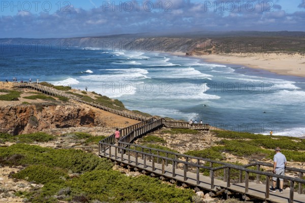 Viewpoint above the beach Praia da Bordeira, near Carrapateira, wooden walkway, rocky coast, steep