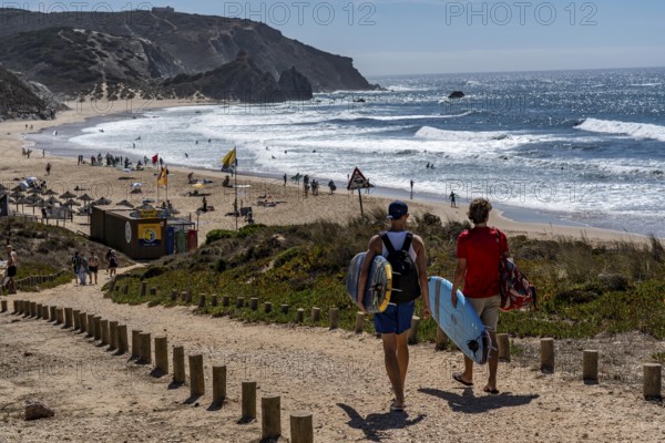Praia do Amado beach near Carrapateira, popular with surfers, wave riders, rocky coast, steep coast