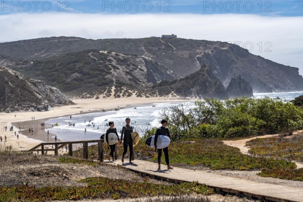 Praia do Amado beach near Carrapateira, popular with surfers, wave riders, rocky coast, steep coast