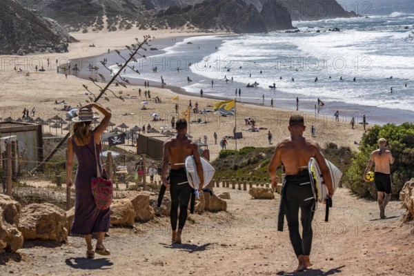 Praia do Amado beach near Carrapateira, popular with surfers, wave riders, rocky coast, steep coast
