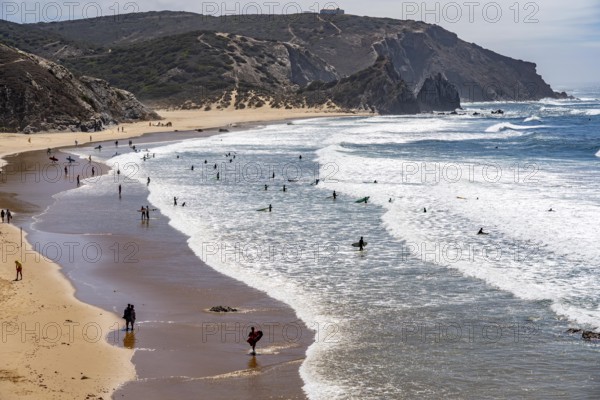 Praia do Amado beach near Carrapateira, popular with surfers, wave riders, rocky coast, steep coast