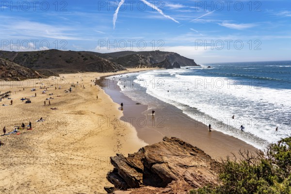 Praia do Amado beach near Carrapateira, popular with surfers, wave riders, rocky coast, steep coast