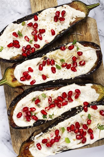 Fried eggplant with sauce, decorated with microgreens and pomegranate seeds, eggplant appetizer,