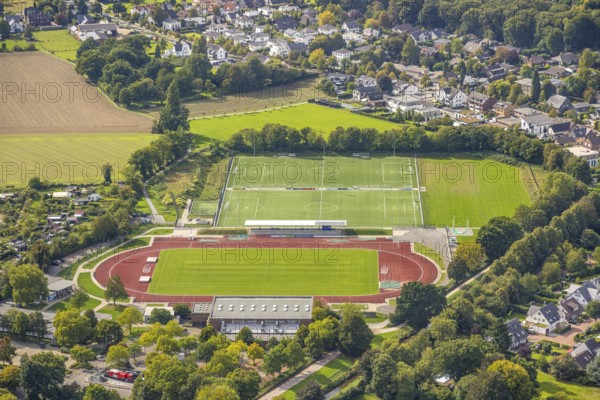 Aerial view, district sports facility with football stadium and athletics stadium of the Spiel- und