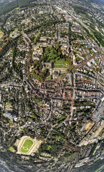 Aerial view, municipal park and castle Dinslaken with town hall, below the former harness racing