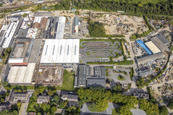 Aerial view, Thyssenstraße industrial estate with construction site, go-kart track, Averbruch,