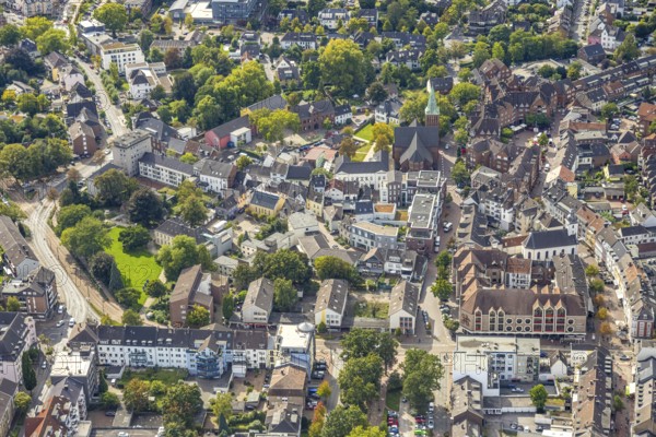 Aerial view, City with shopping street Kolpingstraße, protestant town church and town library,