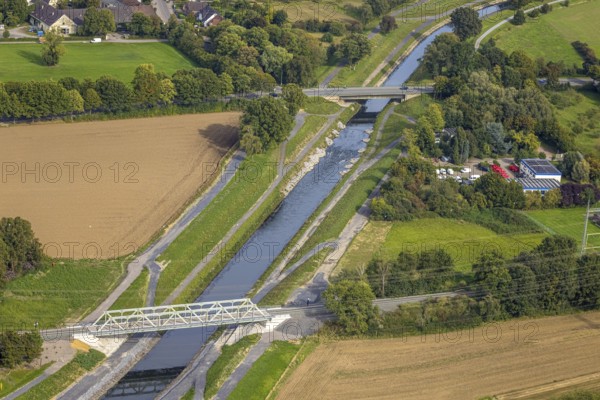 Aerial view, Two bridges over the river Emschher, new railway bridge and rear Heerstraße bridge,