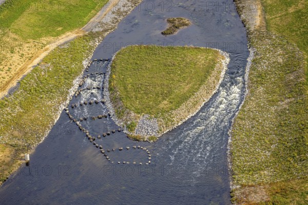Aerial view, fish ladder, Emscher renaturalisation river Emscher, New Emscher estuary city border