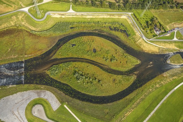 Aerial view, Emscher renaturation river Emscher, New Emscher estuary city border Dinslaken/Voerde