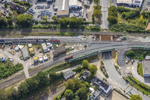 Aerial view, bridge construction site federal road B8 Weseler Straße at the track junction,