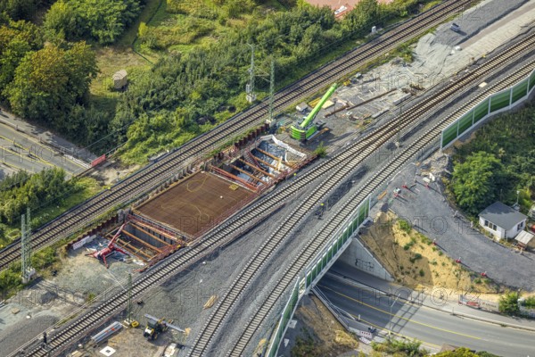 Aerial view, bridge construction site federal road B8 Weseler Straße at the track junction,